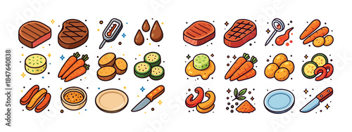 Illustrated food ingredients set with steaks, vegetables, spices