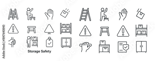 Storage safety icons: ladder, hand, box, warning signs, shelving