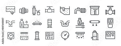 Water treatment and plumbing icons: valves, filters, gauges, pip