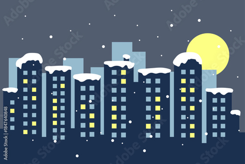 Night illustration panorama of the city in snow with windows light in the windows and snow on roof moon