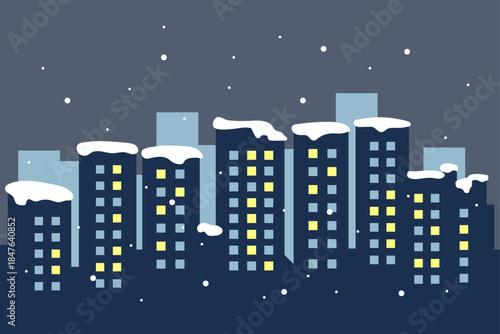 Night illustration panorama of the city in the snow with windows light in the windows and snow on roof