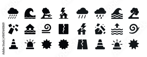 Black and white disaster icons: weather, earthquake, tsunami, to