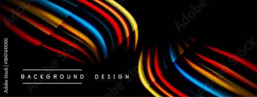 Abstract dynamic lines create vibrant flow. Modern design elements suggest movement, energy, depth. Black background emphasizes colorful shapes.