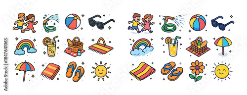 Colorful summer icons: kids, beach, sun, and fun elements