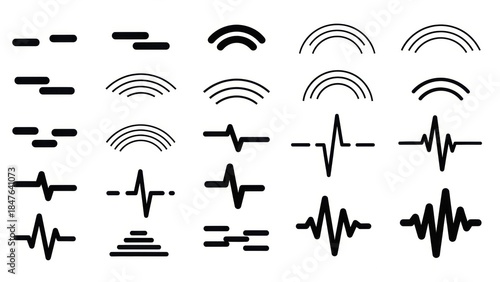 A collection of various sound wave and signal icons representing audio, vibration, and frequency patterns.