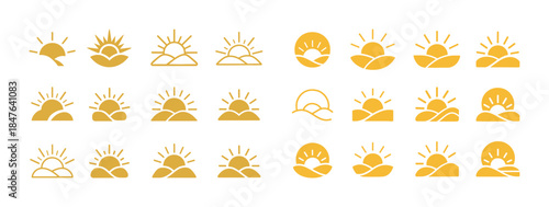 Collection of yellow sunrise and sunset icons in various styles