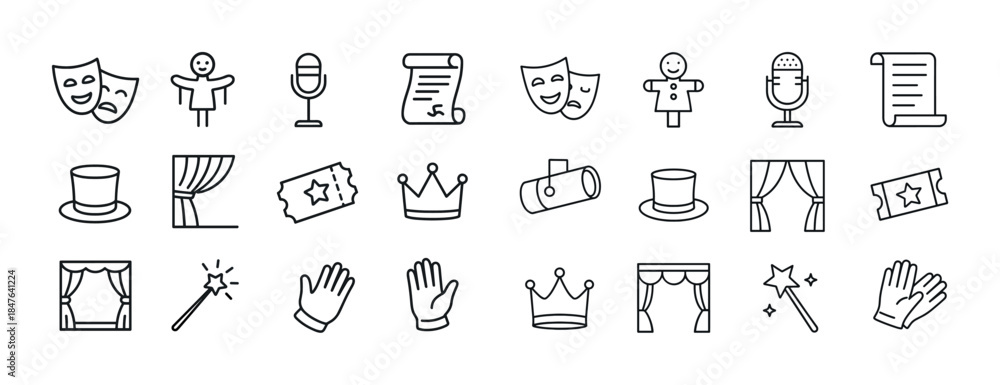 © Влада Яковенко - Theater icons: comedy, tragedy masks, microphone, crown, tickets
