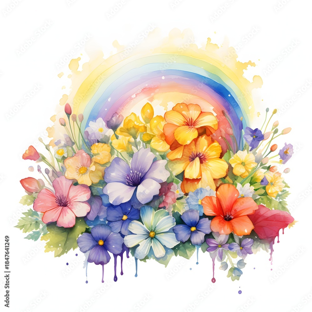 Obraz premium Colorful floral arrangement with rainbow in watercolor style