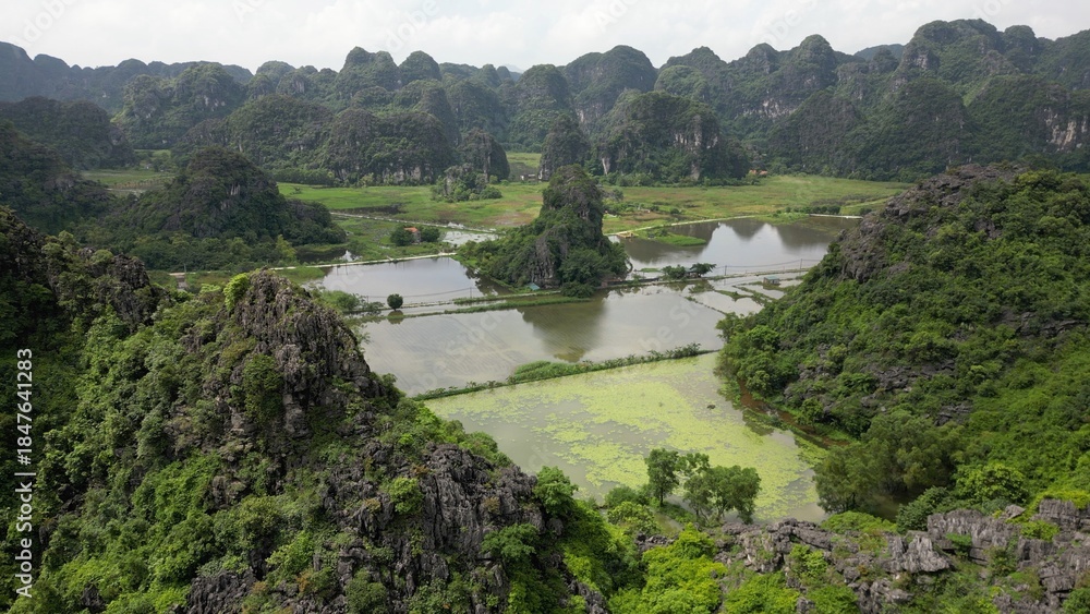 Fototapeta premium Asia, Land flooded by a summer typhoon and a tourist attraction trail with a water lily garden in Ninh Bình and Tam Coc in the Red River Delta region of Vietnam - limestone karst formations 