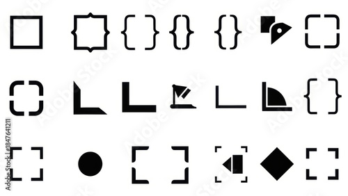 Fotografía A collection of abstract geometric shapes and symbols, including squares, brackets, circles, and corner elements