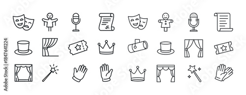 Theater icons: comedy, tragedy masks, microphone, crown, tickets