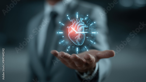 Abstract medical interface showing glowing holographic heart with clock held by caring businessman hand in dark suit offering support