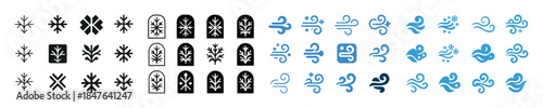 Collection of winter weather symbols in various styles and color
