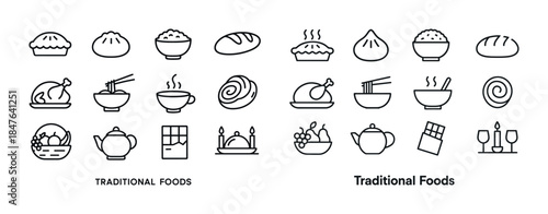 Line icons of traditional foods including bread, dumplings, soup