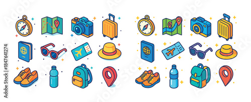 Colorful travel essentials icons: compass, map, camera, luggage,