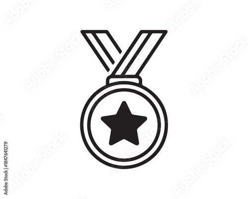 Winner Medal Line Icon with Star and Ribbon - Achievement Award Symbol