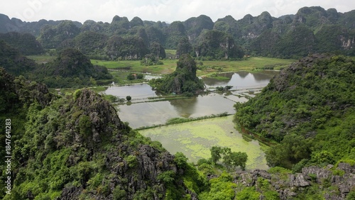 Asia, Land flooded by a summer typhoon and a tourist attraction trail with a water lily garden in Ninh Bình and Tam Coc in the Red River Delta region of Vietnam - limestone karst formations 