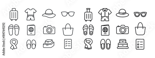Vacation icons: luggage, clothing, accessories, electronics, tra