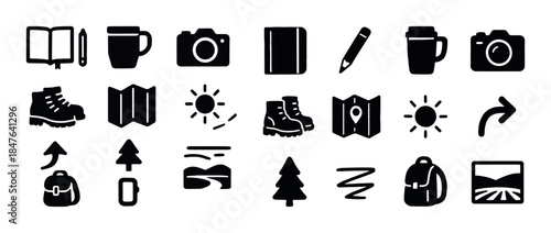 Outdoor adventure icons: camera, map, boots, mug, backpack, sun,