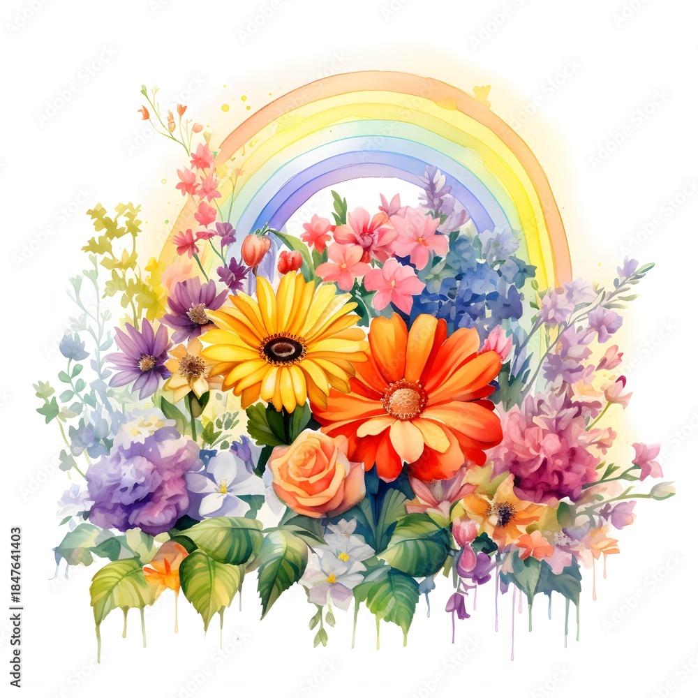 Obraz premium Colorful floral arrangement with vibrant gerbera daisies and a soft watercolor rainbow background
