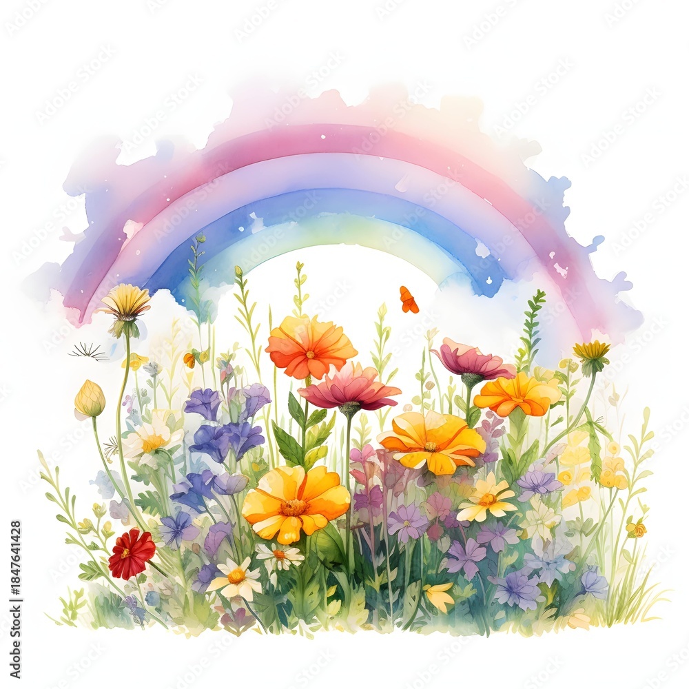 Obraz premium Vibrant watercolor flower garden with rainbow and butterfly illustration