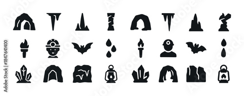 Cave exploration icons: bats, crystals, lanterns, and miners in