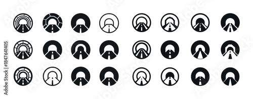 Collection of road and tunnel icon designs in circular frames