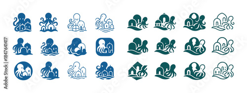 Collection of octopus and house logos in various styles