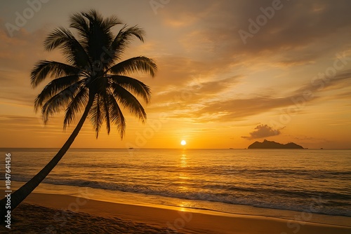 Fototapeta Naklejka Na Ścianę i Meble -  Tropical paradise beach at sunset with detailed palm fronds and crystal blue ocean