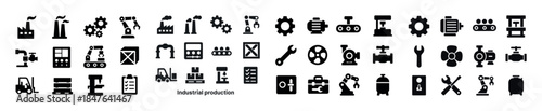 Industrial production icons set: factories, robots, machines, ge