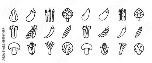 Set of various vegetable icons in black and white