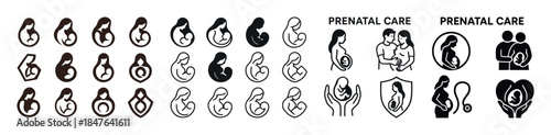 Prenatal care icons collection featuring diverse pregnancy symbo