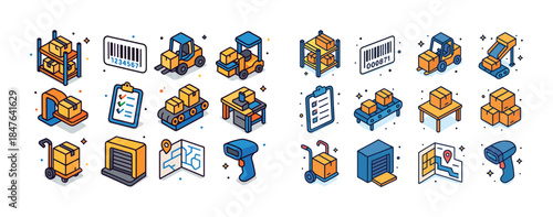 Logistics and inventory icons: forklifts, barcode scanners, pack