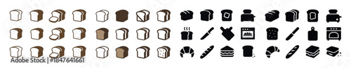 Diverse bread icon set including whole wheat, toast, sandwich, a