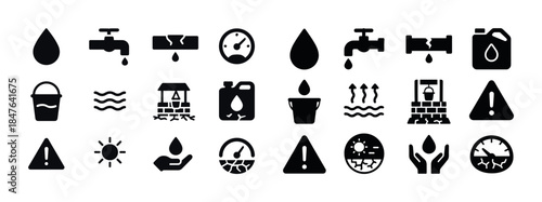 Water conservation icons set: drop, faucet, bucket, warning, eva