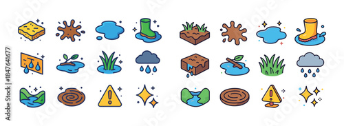 Colorful cartoon nature and cleaning icons set with sponges, mud