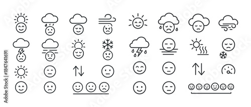 Weather and emotion icons set: sun, cloud, rain, wind, and mood