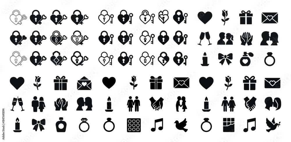 Obraz premium Valentine's day icon set with hearts, locks, flowers, gifts, and