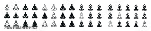 Variety of yoga poses silhouettes in meditation and lotus positi