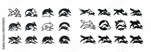 Stylized fox illustrations in black and white with geometric and