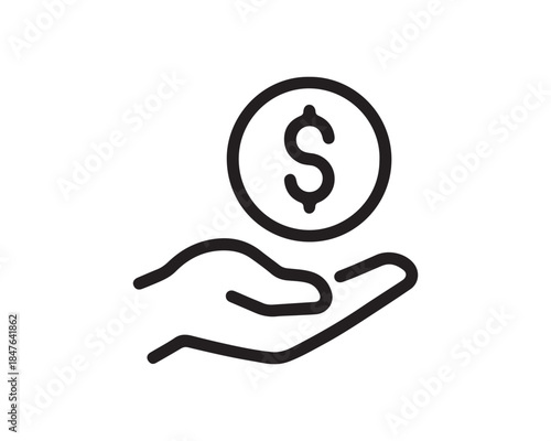 Hand holding dollar coin icon. Money payment and charity line vector symbol