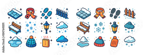 Winter icons: snow, scarf, footprints, fence, cloud, igloo, hat,