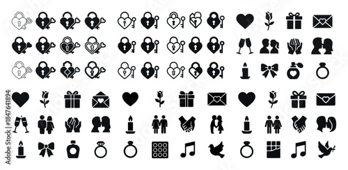 Valentine's day icon set with hearts, locks, flowers, gifts, and