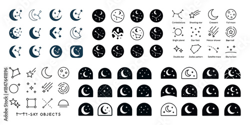 Celestial symbols and constellation icon set with stars and moon