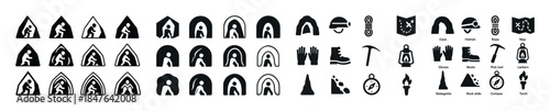 Set of monochrome cave exploration icons in various shapes