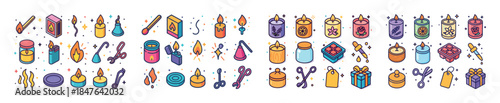 Colorful candle making icons: craft supplies, wax, wicks, essent