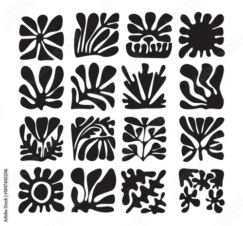 Trendy retro 70s-inspired groovy floral Matisse-style summer elements with leaf shapes, flowers, bird, rainbow, sea and sun , blending modern and organic elements.