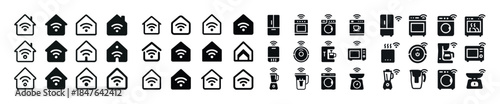 Set of smart home appliance icons including wifi connectivity sy