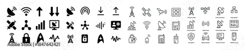 Satellite and wireless communication icons: antenna, signal, tow