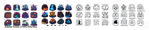 Cartoon fantasy caves and crystals icon set with line art varian